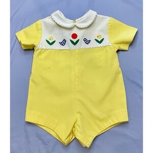Vintage 70s Sylvia Whyte Baby Romper Saks Fifth Avenue Yellow 6 Months One Piece